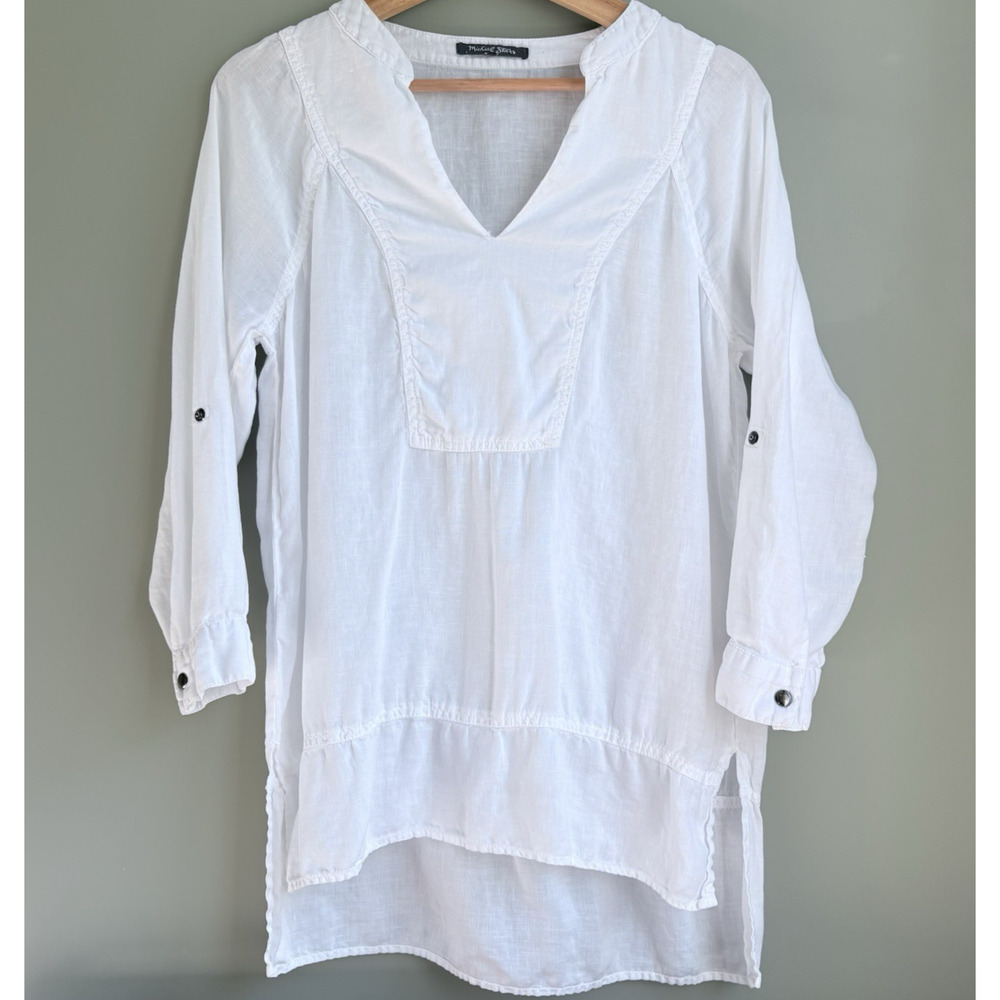 MICHAEL STARS White Linen Tunic Top Long Sleeve V-Neck High Low Hem Boho